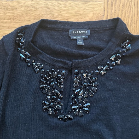 Talbots Sweaters - Talbots Pure Merino Wool Black Beaded & Embellished Sweater Size Small